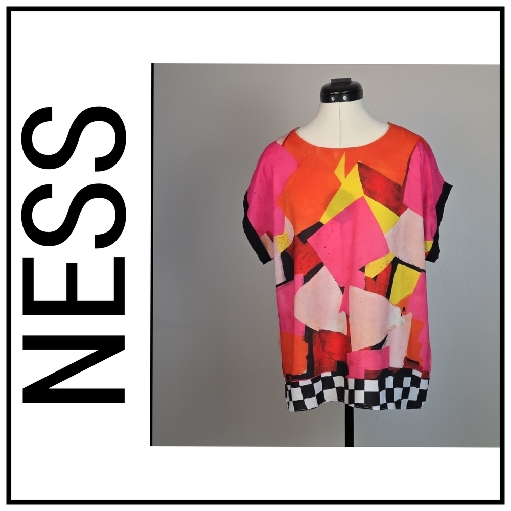 NESS Abstract Geometric Print Blouse Pink Orange Yellow Black White Women’s Size